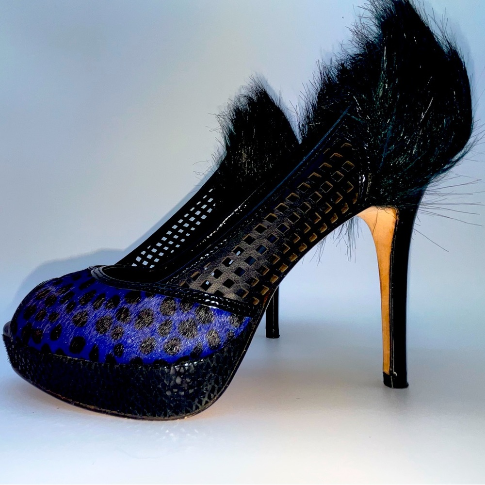 Zack Lo designer Black Blue fur, feather leopard print platform stiletto heel 39